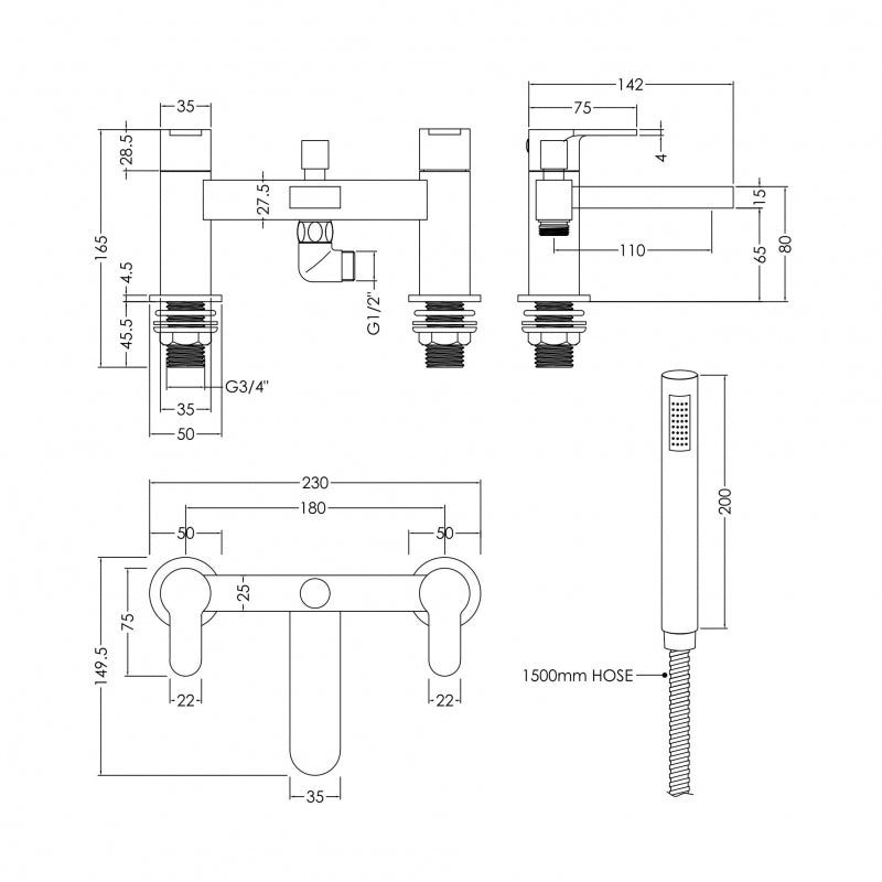 Crawford Arvan Pillar Mounted Bath Shower Mixer Tap with Shower Kit