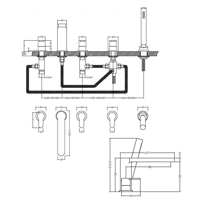 Crawford Arvan 5-Hole Pillar Mounted Bath Shower Mixer Tap -