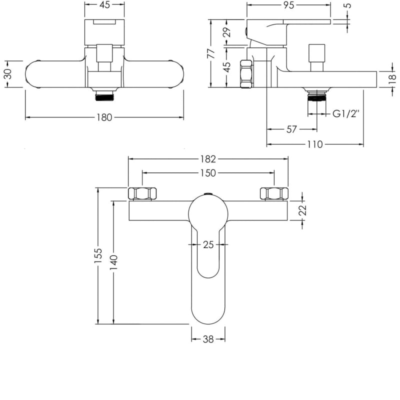 Crawford Arvan Wall Mounted Bath Shower Mixer Tap with Shower Kit