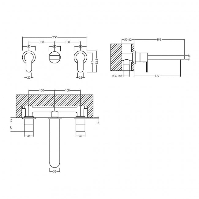 Crawford Arvan 3-Hole Wall Mounted Basin Mixer Tap without Plate - Chrome