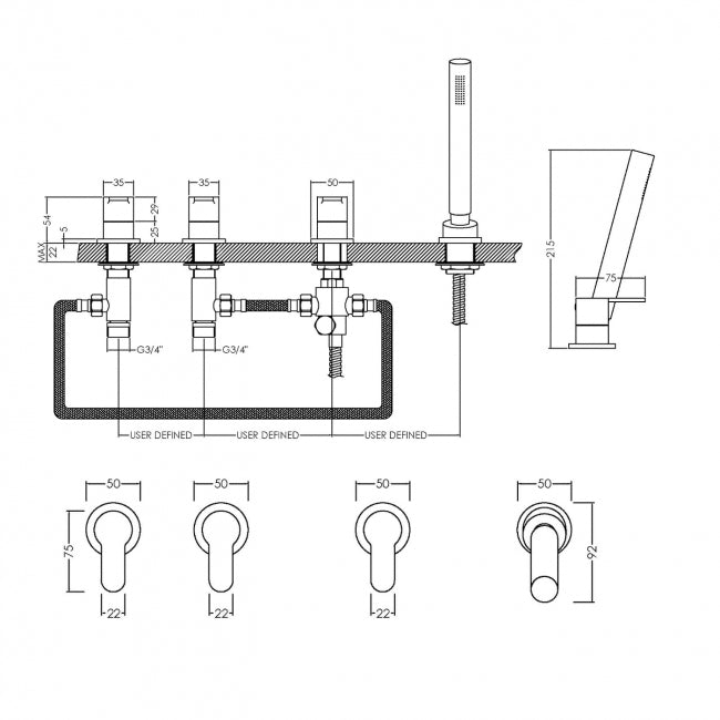 Crawford Arvan 4-Hole Pillar Mounted Bath Shower Mixer Tap