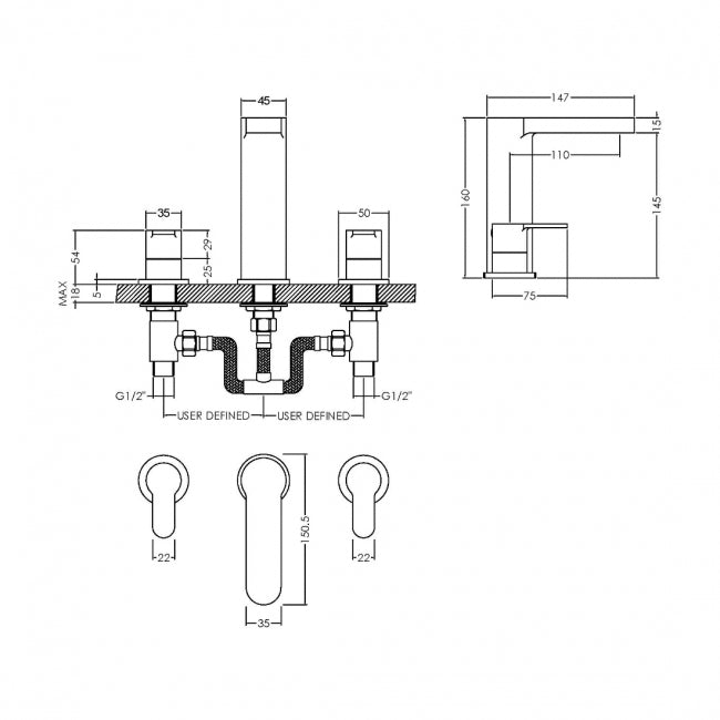 Crawford Arvan 3-Hole Basin Mixer Tap with Pop-Up Waste - Chrome