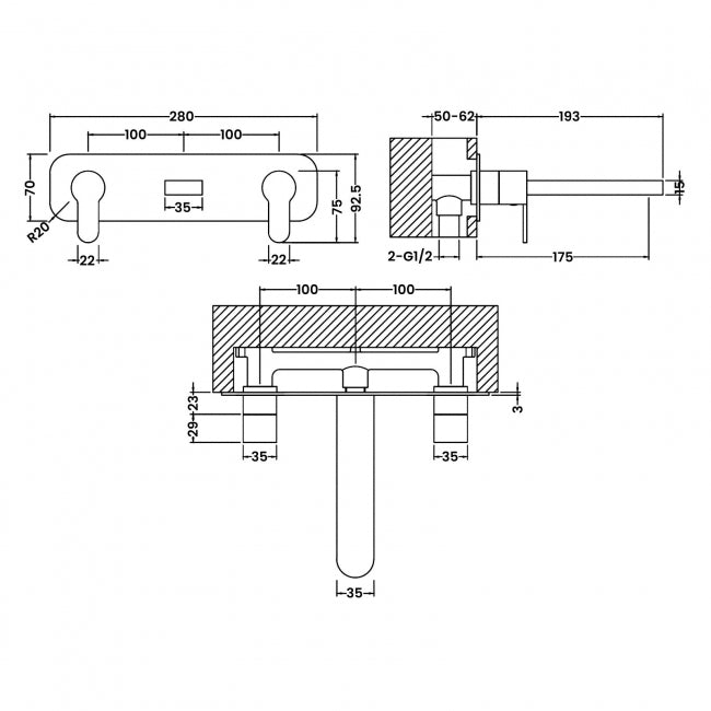 Crawford Arvan 3-Hole Wall Mounted Basin Mixer Tap with Plate - Chrome