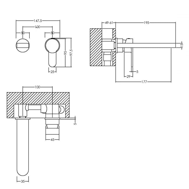 Crawford Arvan 2-Hole Wall Mounted Basin Mixer Tap without Plate - Chrome