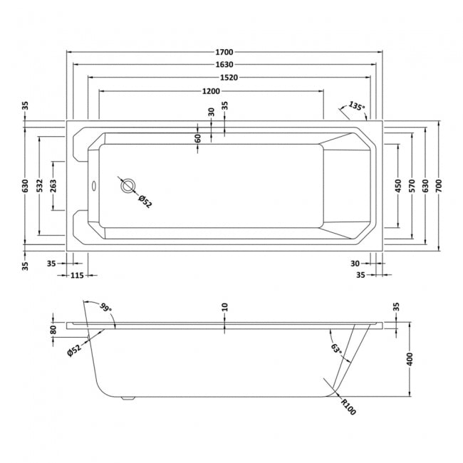 Crawford Ascott Single Ended Rectangular Bath 1700mm x 700mm - Acrylic