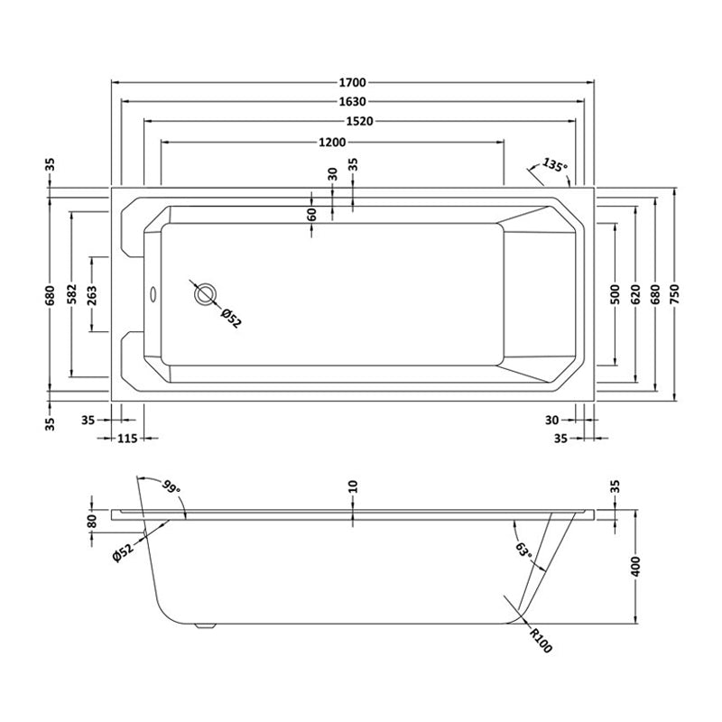 Crawford Ascott Single Ended Rectangular Bath 1700mm x 750mm - Acrylic