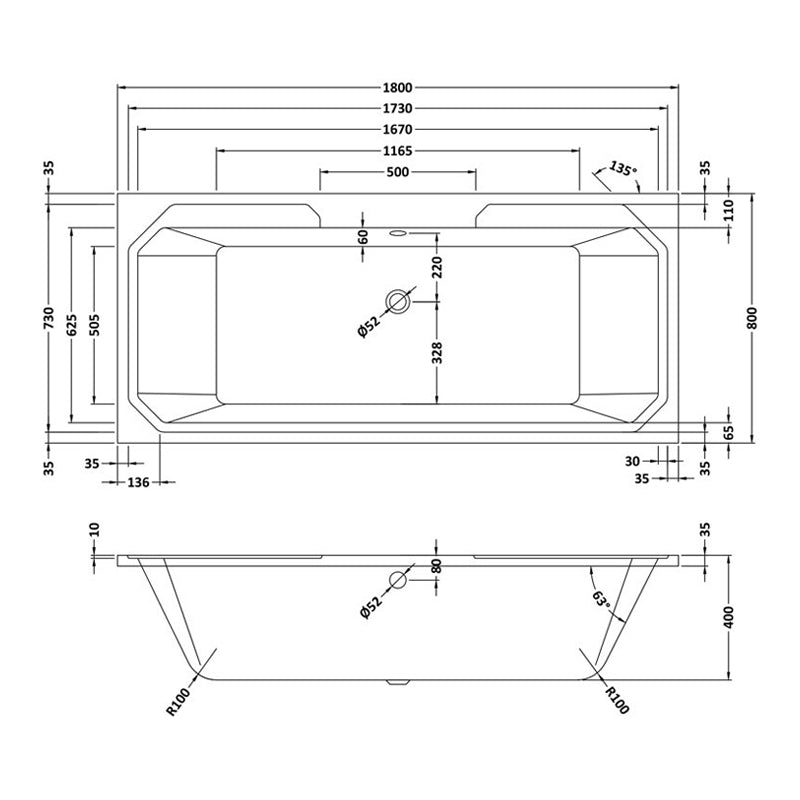 Crawford Ascott Double Ended Rectangular Bath 1800mm x 800mm - Acrylic