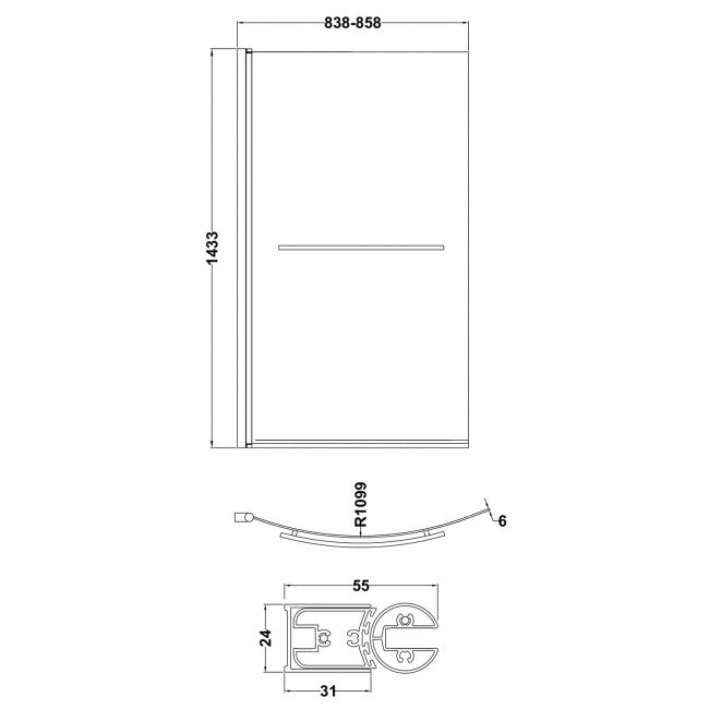 Crawford Curved B Shaped Hinged Bath Screen with Towel Bar 1433mm H x 858mm W - 6mm Glass