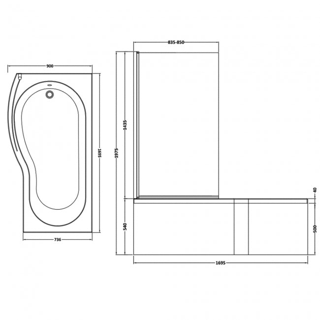 Crawford B-Shaped Shower Bath with Front Panel and Screen 1700mm x 735mm/900mm - Left Handed