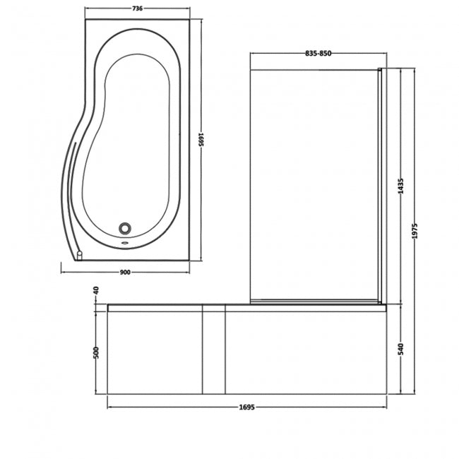 Crawford B-Shaped Shower Bath with Front Panel and Screen 1700mm x 735mm/900mm - Right Handed