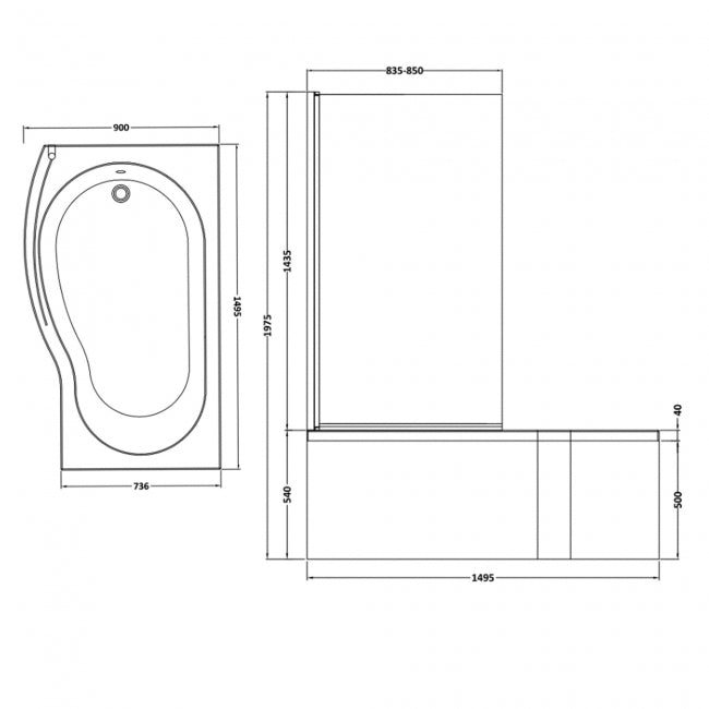 Crawford B-Shaped Shower Bath with Front Panel and Screen 1500mm x 735mm/800mm Left Handed - Acrylic (inc Leg Set)