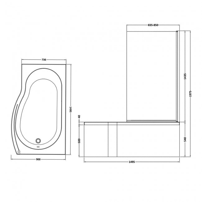 Crawford B-Shaped Shower Bath with Front Panel and Screen 1500mm x 735mm/800mm Right Handed - Acrylic (inc Leg Set)