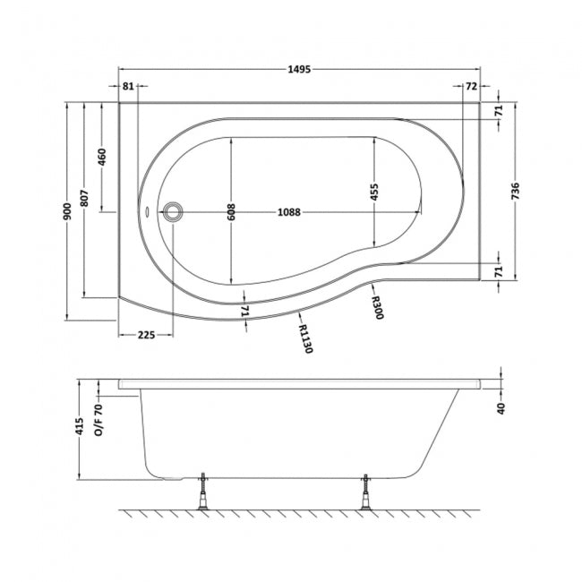 Crawford B-Shaped Shower Bath 1500mm x 735mm/900mm - Left Handed (inc Leg Set)