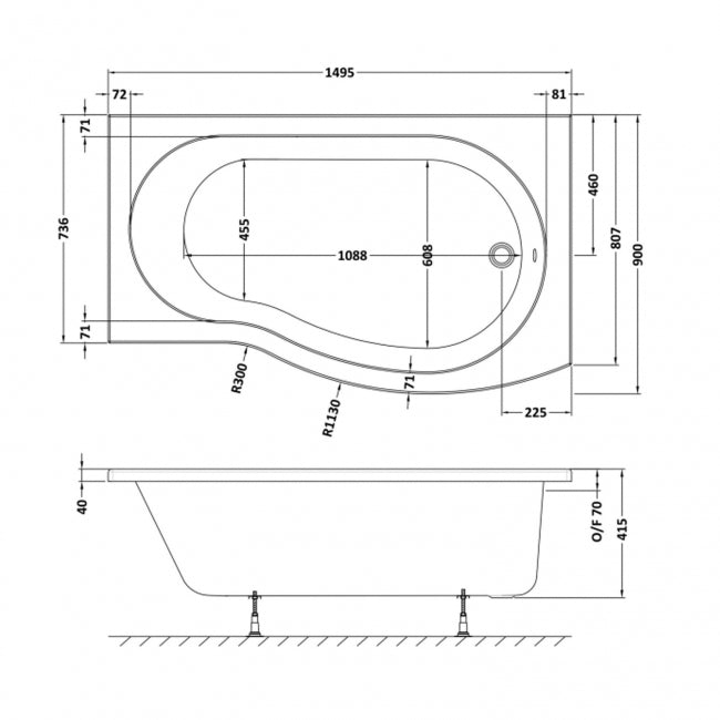 Crawford B-Shaped Shower Bath 1500mm x 735mm/900mm - Right Handed (inc Leg Set)