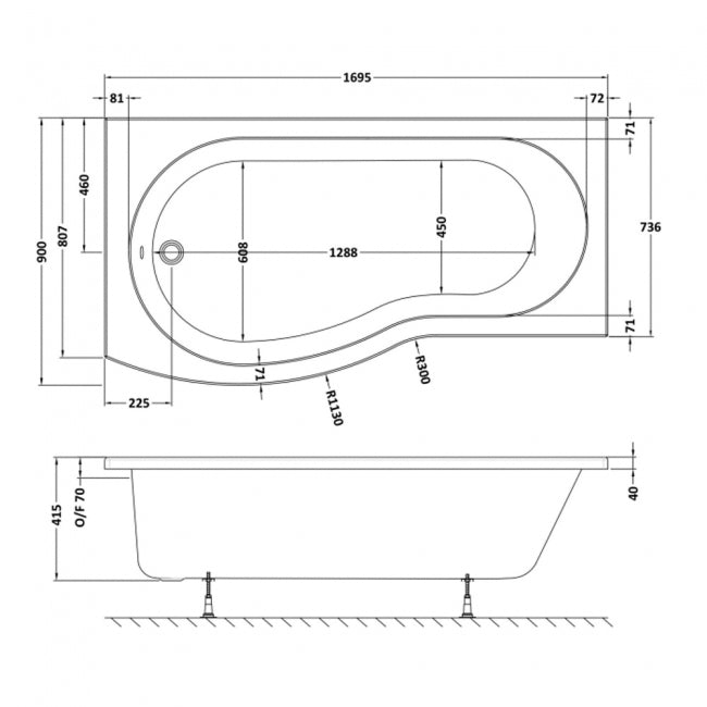 Crawford B-Shaped Shower Bath 1700mm x 735mm/900mm - Left Handed (inc Leg Set)