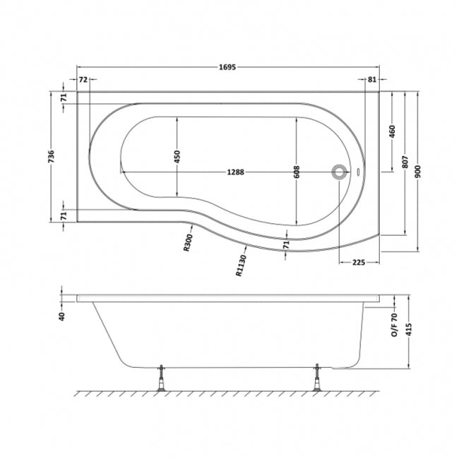 Crawford B-Shaped Shower Bath 1700mm x 735mm/900mm - Right Handed (inc Leg Set)