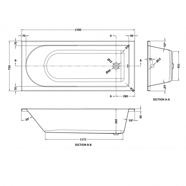 Eternalite Round Single Ended Bath 1700 x 750mm