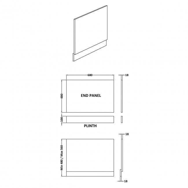 Straight Bath End Panel and Plinth 560mm H x 680mm W - Charcoal Black