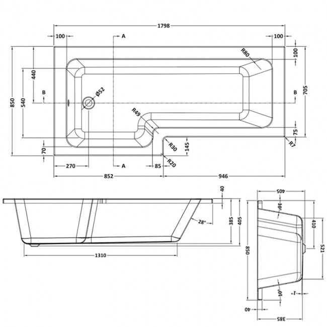 Crawford Square L-Shaped Shower Bath 1800mm x 700mm/850mm - Left Handed (inc Leg Set)