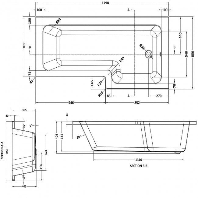 Crawford Square L-Shaped Shower Bath 1800mm x 700mm/850mm - Right Handed (inc Leg Set)