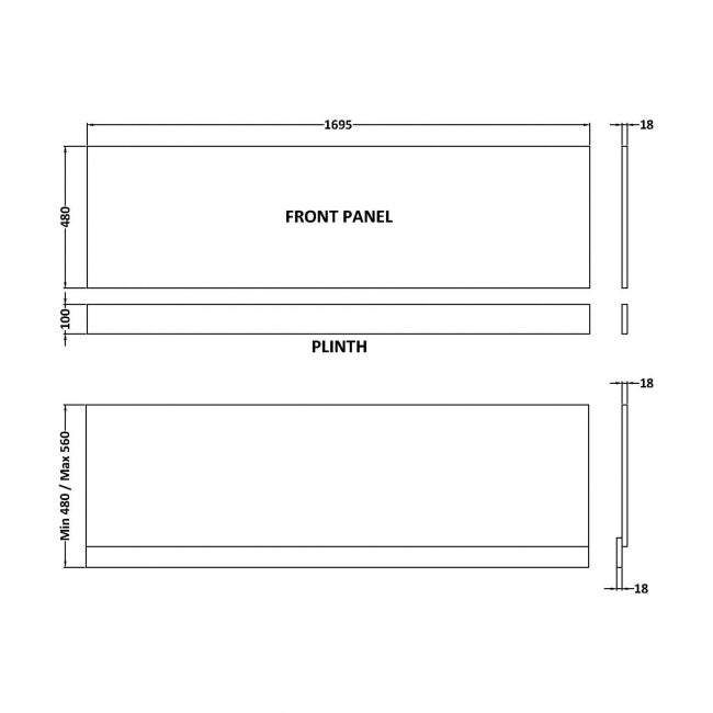 Crawford Waterproof Bath Front Panel and Plinth 480mm H x 1700mm W - Gloss White