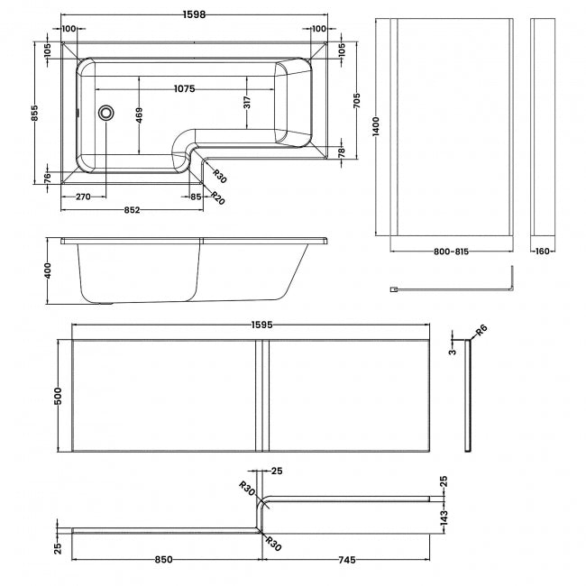 Crawford Square L-Shaped Shower Bath with Front Panel and Screen 1600mm x 700mm/850mm - Left Handed (inc Leg Set)