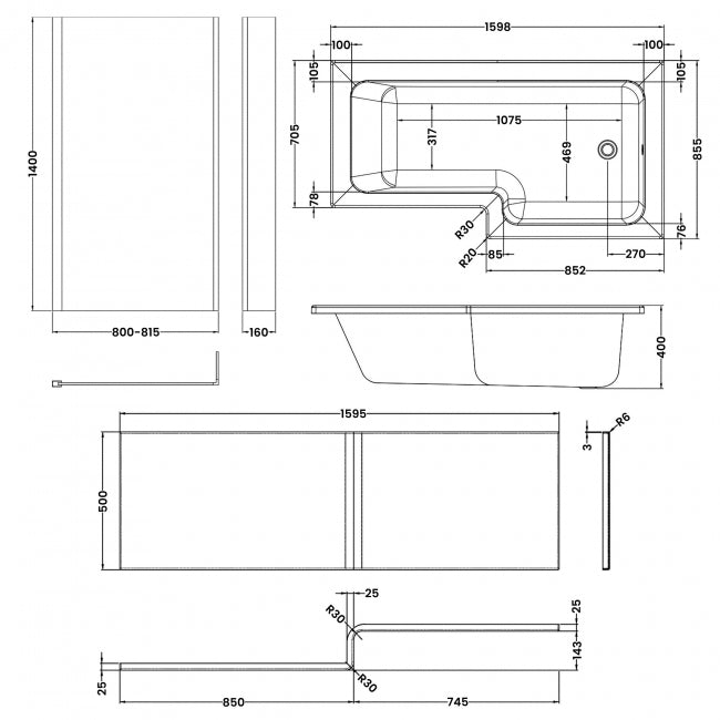 Crawford Square L-Shaped Shower Bath with Front Panel and Screen 1600mm x 700mm/850mm - Right Handed (inc Leg Set)