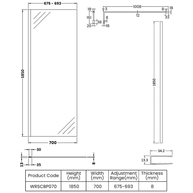 700mm Wetroom Screen With Support Bar