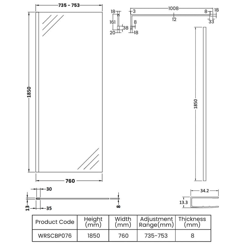 760mm Wetroom Screen With Support Bar