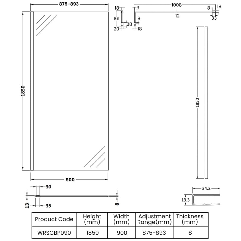 900mm Wetroom Screen With Support Bar