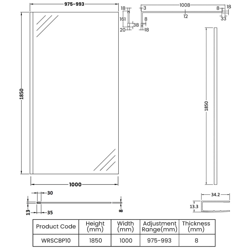 1000mm Wetroom Screen With Support Bar