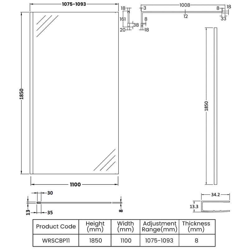 1100mm Wetroom Screen With Support Bar