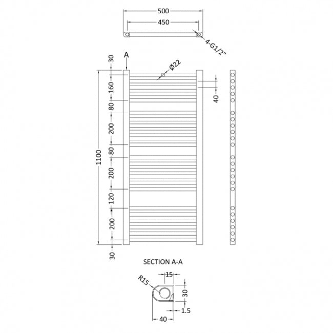 Crawford Straight Ladder Towel Rail 1100mm H x 500mm W - Chrome