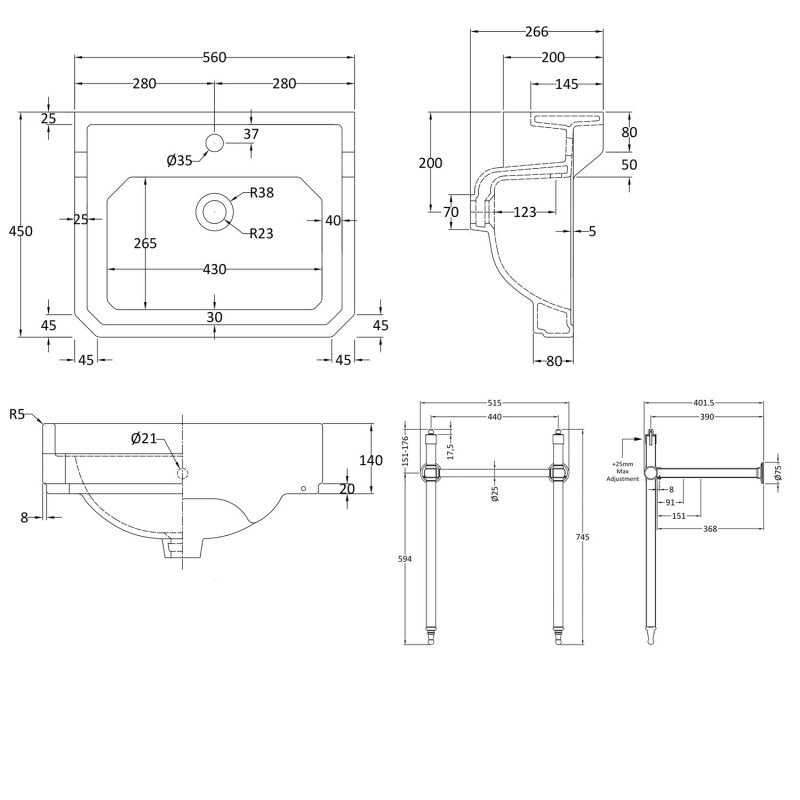 Crawford Carlton Basin with Washstand 560mm Wide - 1 Tap Hole