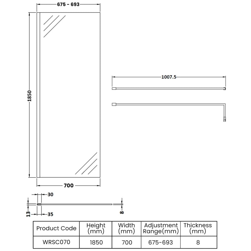 700mm Wetroom Screen & Support Bar