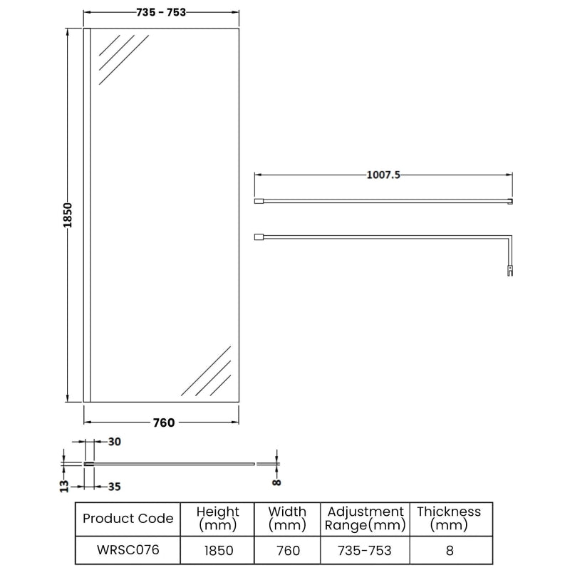 760mm Wetroom Screen & Support Bar