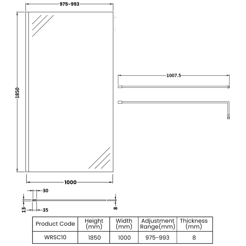 1000mm Wetroom Screen & Support Bar