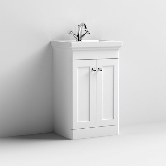 Crawford Classique Floor Standing 2-Door Vanity Unit with Basin 500mm Wide Satin White - 1 Tap Hole