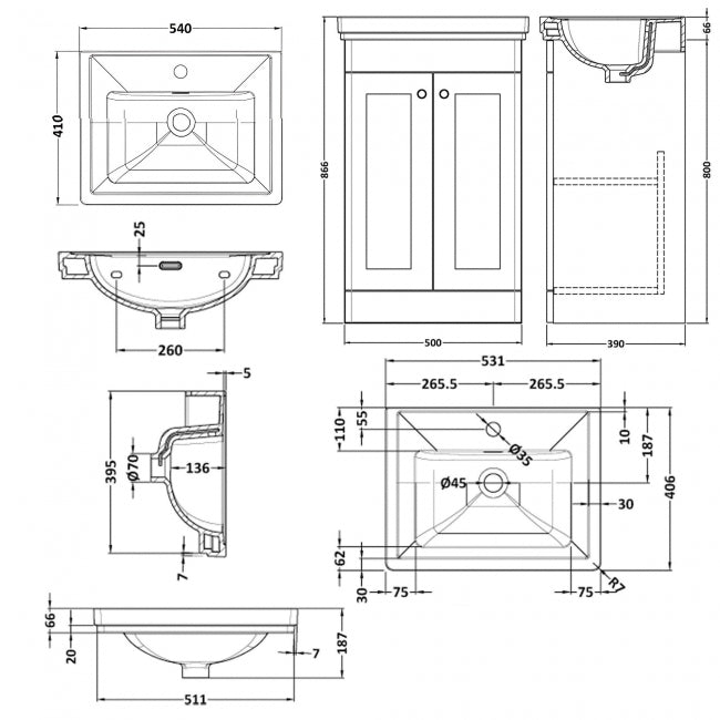 Crawford Classique Floor Standing 2-Door Vanity Unit with Basin 500mm Wide Satin Grey - 1 Tap Hole