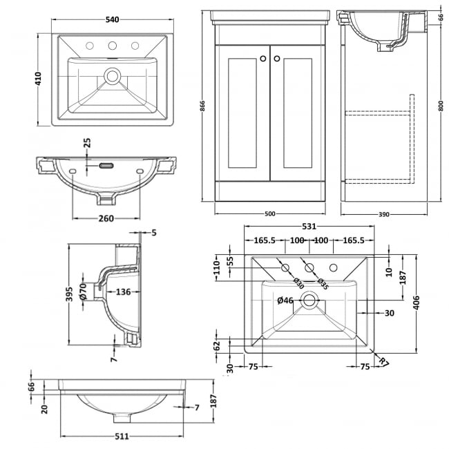 Crawford Classique Floor Standing 2-Door Vanity Unit with Basin 500mm Wide Satin White - 3 Tap Hole