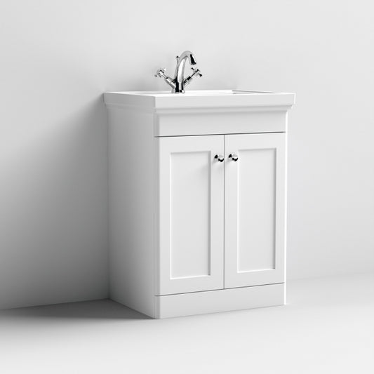 Crawford Classique Floor Standing 2-Door Vanity Unit with Basin 600mm Wide Satin White - 1 Tap Hole