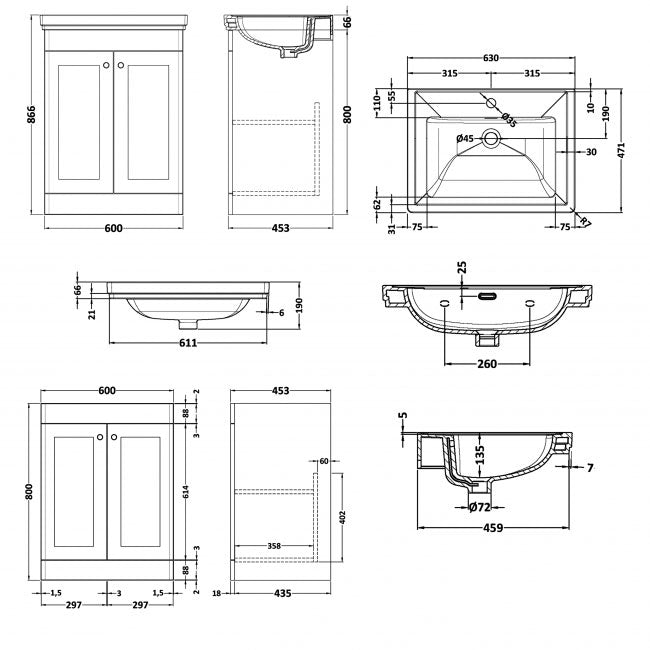 Crawford Classique Floor Standing 2-Door Vanity Unit with Basin 600mm Wide Satin Grey - 1 Tap Hole