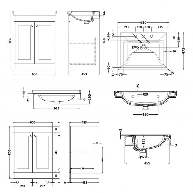 Crawford Classique Floor Standing 2-Door Vanity Unit with Basin 600mm Wide Satin Grey - 3 Tap Hole