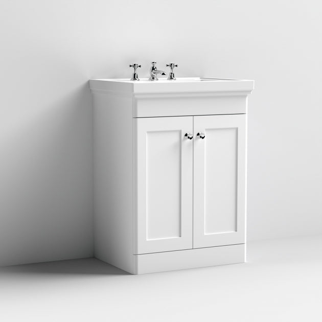 Crawford Classique Floor Standing 2-Door Vanity Unit with Basin 600mm Wide Satin White - 3 Tap Hole