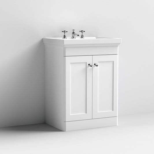 Crawford Classique Floor Standing 2-Door Vanity Unit with Basin 600mm Wide Satin White - 3 Tap Hole