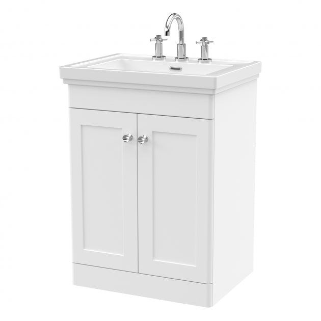 Crawford Classique Floor Standing 2-Door Vanity Unit with Basin 600mm Wide Satin White - 3 Tap Hole