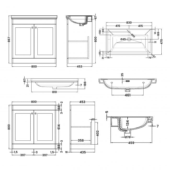 Crawford Classique Floor Standing 2-Door Vanity Unit with Basin 800mm Wide Satin Anthracite - 1 Tap Hole