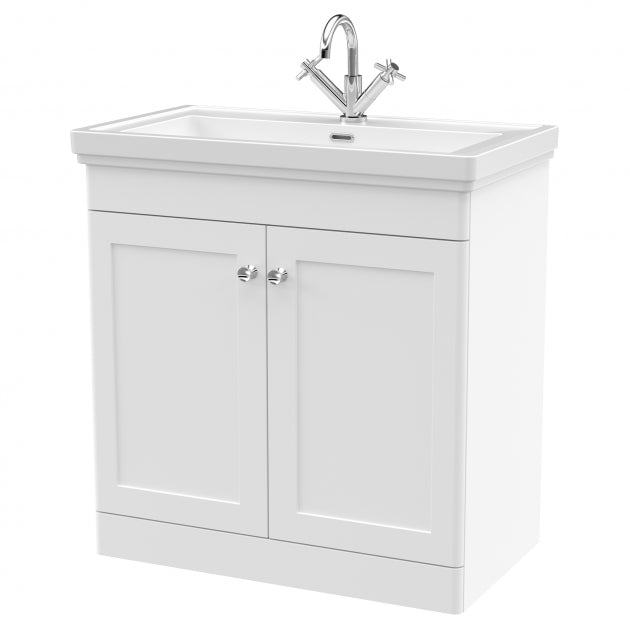 Crawford Classique Floor Standing 2-Door Vanity Unit with Basin 800mm Wide Satin White - 1 Tap Hole