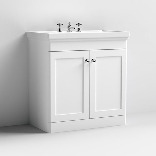 Crawford Classique Floor Standing 2-Door Vanity Unit with Basin 800mm Wide Satin White - 3 Tap Hole