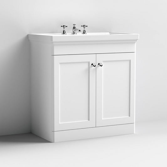 Crawford Classique Floor Standing 2-Door Vanity Unit with Basin 800mm Wide Satin White - 3 Tap Hole